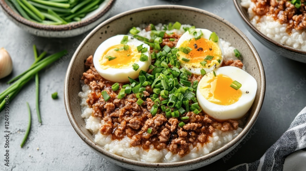 Savory Bowl of Congee with Ground Meat and Soft Boiled Eggs Savory Bowl of Congee with Ground Meat and Soft Boiled Eggs
