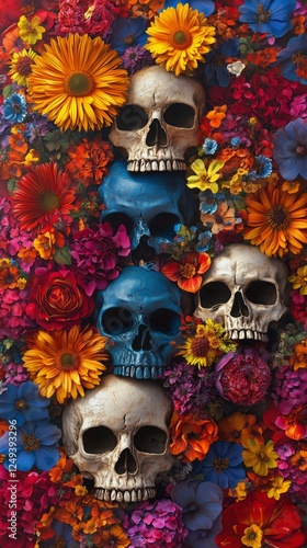 Vibrant floral arrangement with skulls representing cultural traditions and c...