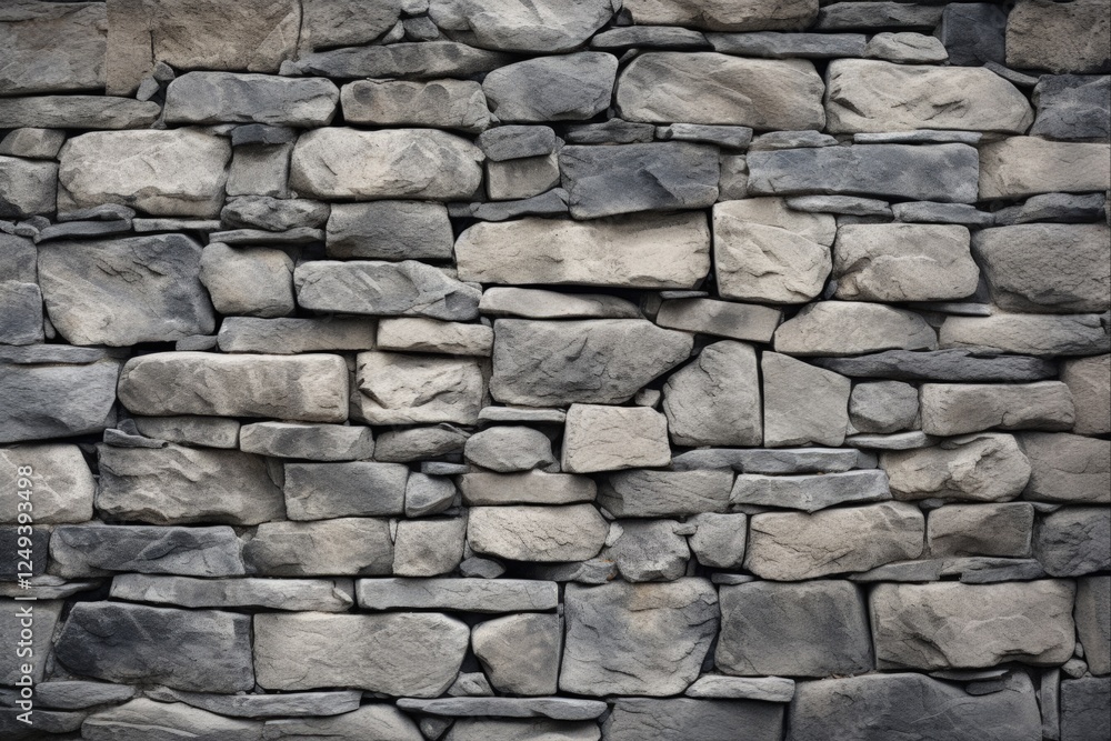 Fototapeta premium Textured Fieldstone Wall - Grey Stone Masonry Background with Closeup Cement Effect