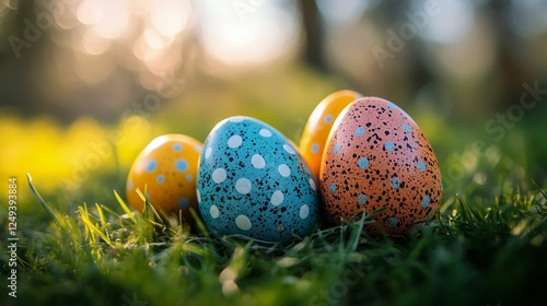 Colorful decorated eggs resting on grass in a sunny outdoor environment durin...