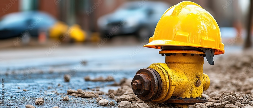 A yellow hard hat rests atop a fire hydrant on a wet street, surrounded by urban scenery and vehicles in the background. A yellow hard hat rests atop a fire hydrant on a wet street, surrounded by urban scenery and vehicles in the background.
