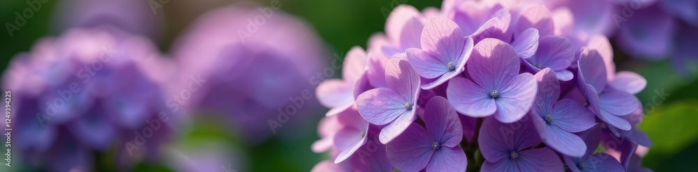 Delicate petals unfold on purple hydrangea stems, garden, botanical Delicate petals unfold on purple hydrangea stems, garden, botanical