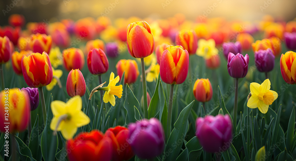 Vibrant Colors of Tulips and Daffodils Blooming Under Soft, Golden Light in Early Spring Vibrant Colors of Tulips and Daffodils Blooming Under Soft, Golden Light in Early Spring