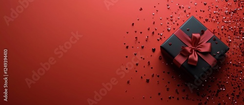 Festive black gift box with red ribbon and heart-shaped confetti on red backg...
