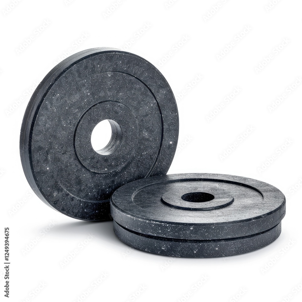 Two Round Black Weight Plates on Isolated White Background for Fitness Two Round Black Weight Plates on Isolated White Background for Fitness