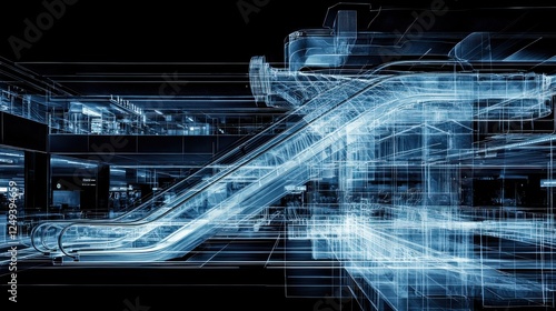 Abstract digital city scene, illuminated by cool light, depicting a dynamic urban environment with glowing lines and shapes on dark background.