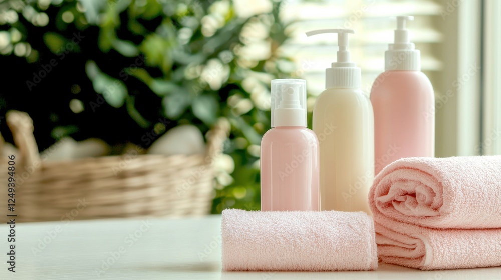 A serene arrangement of spa products or baby shampoo, lotion and soft towels, creating a calming atmosphere perfect for relaxation and self-care. A serene arrangement of spa products or baby shampoo, lotion and soft towels, creating a calming atmosphere perfect for relaxation and self-care.
