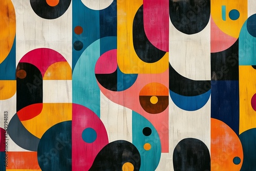 Vibrant abstract wall art featuring colorful shapes and patterns in a modern ...