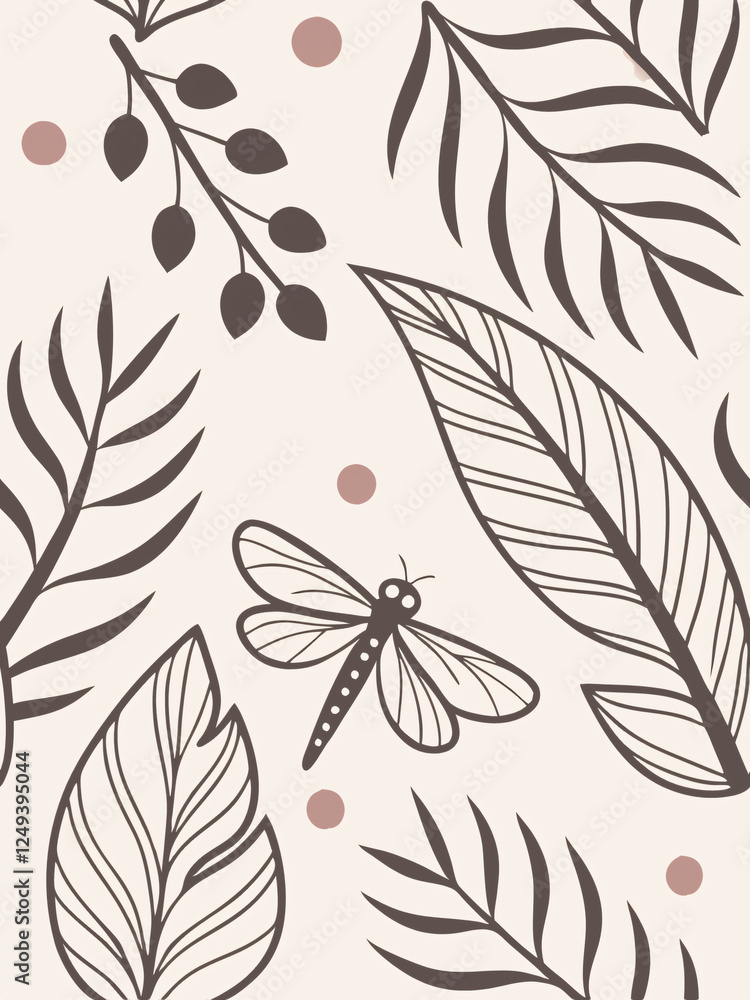 Minimalist Seamless Tropical Botanical Pattern with Leaves and Butterfly in Beige and Brown Tones Minimalist Seamless Tropical Botanical Pattern with Leaves and Butterfly in Beige and Brown Tones