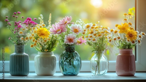 Wallpaper Mural Colorful assortment of flowers in vases on a sunlit windowsill with greenery Torontodigital.ca