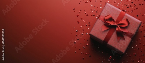 Red gift box with ribbon and heart-shaped confetti on vibrant background for ...