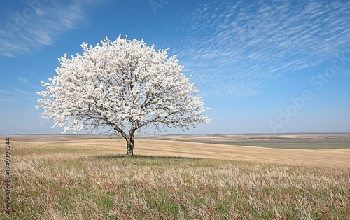 Blossoming tree on a vast prairie landscape, ideal for nature, spring, or tranquility themes photo