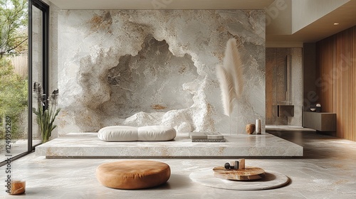 luxury living room, wall made of marble, minerals, salt, abstract art