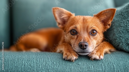 Dog resting peacefully on a green couch in a cozy living room during the afte...