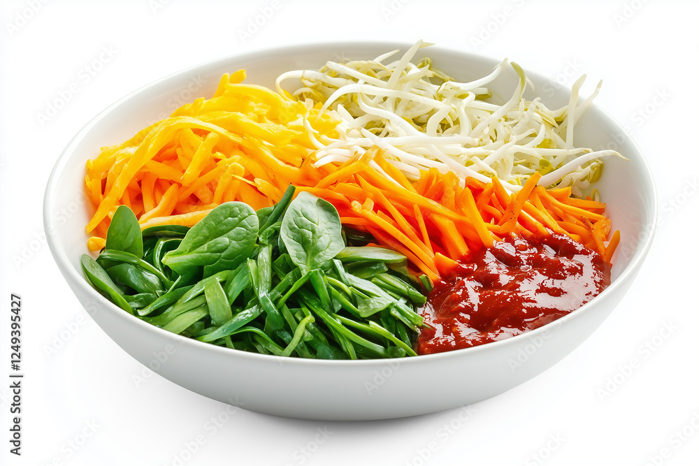 Bibimbap bowl with fresh vegetables and spicy sauce. Bibimbap bowl with fresh vegetables and spicy sauce.