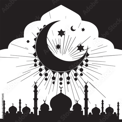 Silhouette sketch of Mosque with Domes, Minarets, Archways, and 'Happy Eid' Calligraphy Design