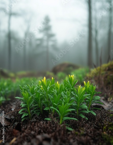 Green sprouts emerge in a misty forest floor during early spring light