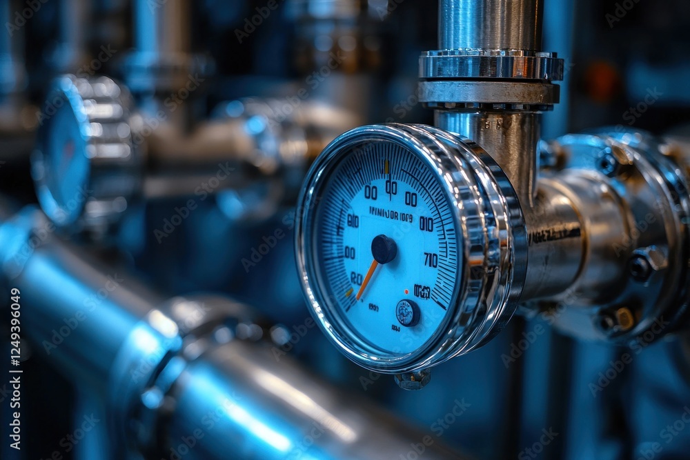 Fototapeta premium Close-up of a metallic pressure gauge on industrial piping in a factory setting