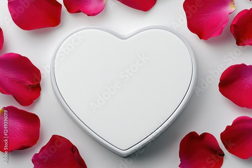 A white heart-shaped box surrounded by red rose petals, symbolizing love and romance.