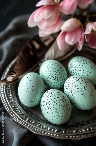 Decorative speckled eggs on a silver plate with pink flowers in a soft light ...