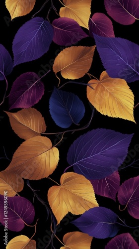 Colorful autumn leaves scattered on a dark background creating a vibrant pattern