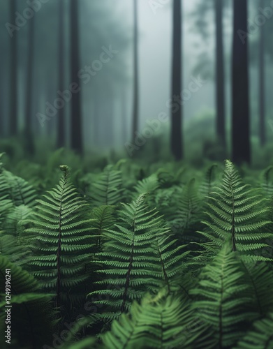 Lush green ferns thriving in a misty forest under tall trees during early mor...