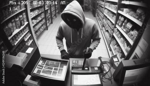 Store robbery incident convenience store security footage urban environment cctv perspective