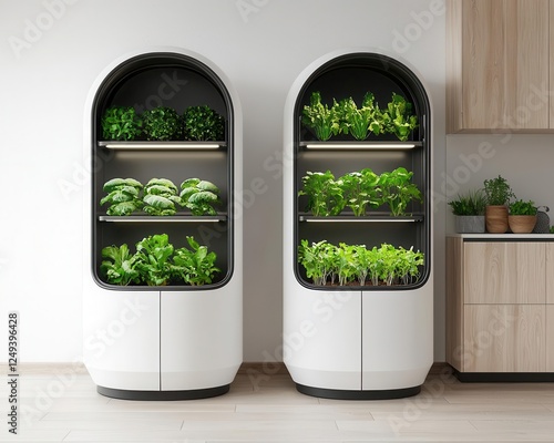 AIcontrolled indoor farming pods growing organic vegetables in urban homes photo