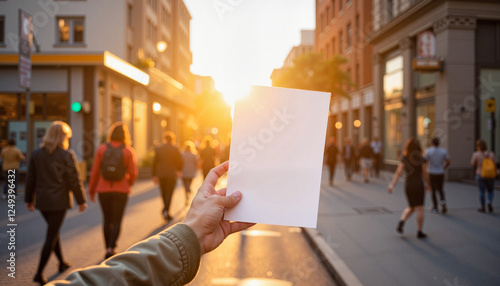 Mockup. Blank flyer held in hand during sunset on busy city street, marketing concept
