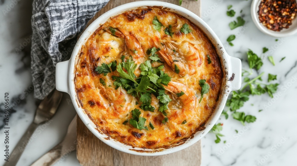 Savory Shrimp Casserole with Fresh Herbs on Marble Table Savory Shrimp Casserole with Fresh Herbs on Marble Table