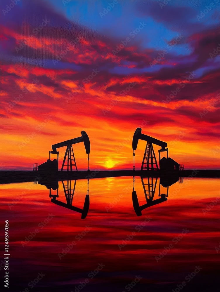 Fototapeta premium Oil Pumps Silhouette Against Sunset Reflection - This image features oil pumpjacks silhouetted against a vibrant sunset, reflecting beautifully on the water surface.