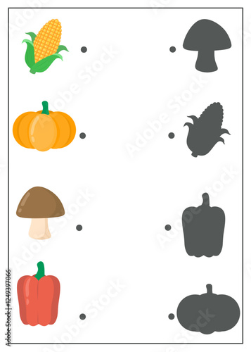 Matching shadow worksheet for kindergarten, find the correct shadow activity, vegetables worksheet for kids