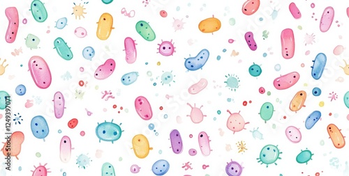 Colorful bacteria pattern, scientific illustration, white background, abstract design