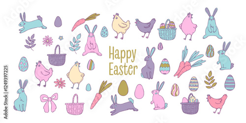 Set of Easter animals, decorations and florals in pastel colours. Good for posters, postcards, stickers, banners, scrapbooking.