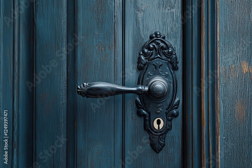 Closeup of retro door knob on blue color door