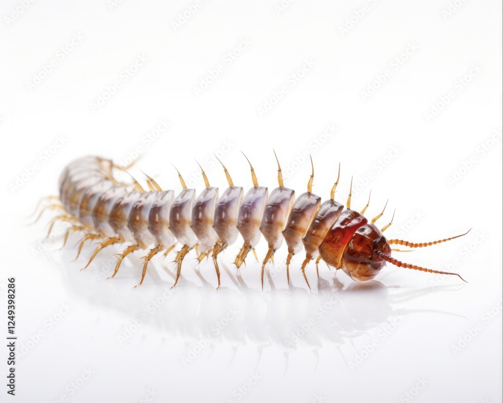 Up-close with Nature: A Macro Shot of a Dangerous Centipede Isolated on a White Background Up-close with Nature: A Macro Shot of a Dangerous Centipede Isolated on a White Background