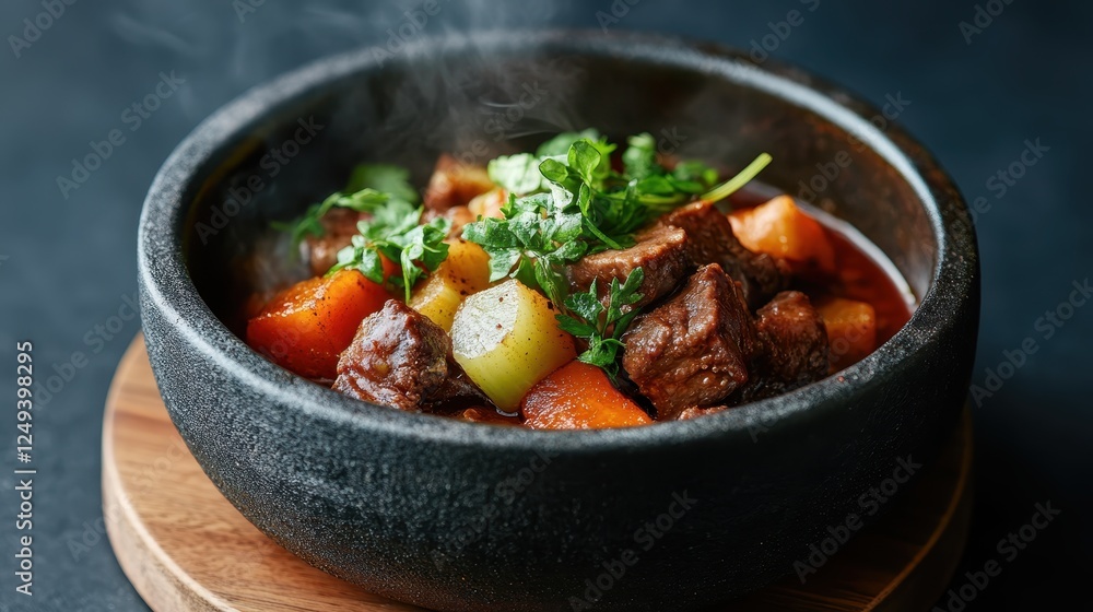 This image features a hearty vegetable and beef stew in a rustic stone bowl, emanating warmth and comfort – perfect for cozy family gatherings or delicious meals. This image features a hearty vegetable and beef stew in a rustic stone bowl, emanating warmth and comfort – perfect for cozy family gatherings or delicious meals.