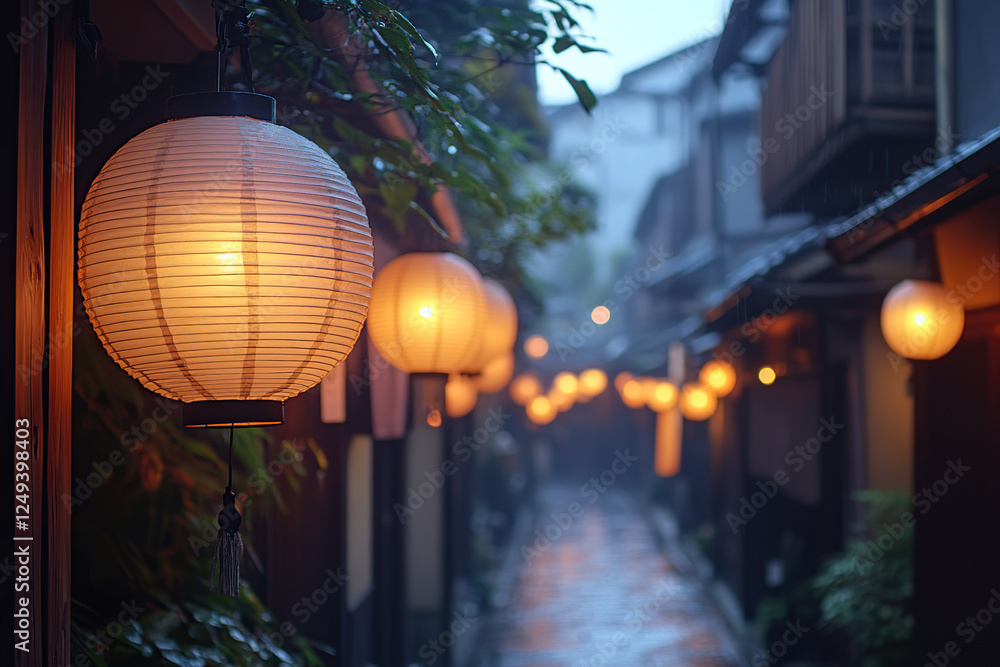 Paper lanterns hanging along the street Paper lanterns hanging along the street