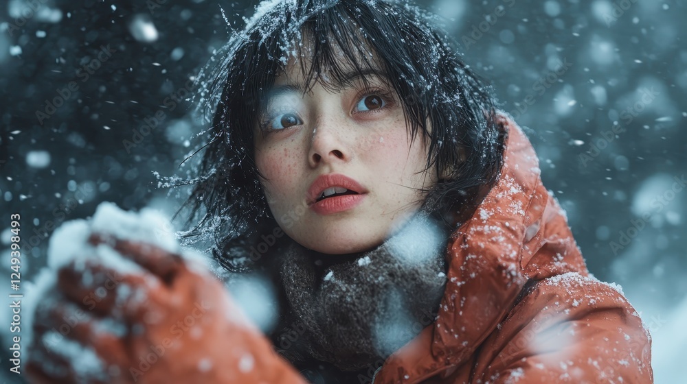 A portrait of a woman caught in a snowstorm, her wide eyes filled with surprise and wonder, showcasing the pure beauty of winter and human emotion in nature's embrace. A portrait of a woman caught in a snowstorm, her wide eyes filled with surprise and wonder, showcasing the pure beauty of winter and human emotion in nature's embrace.
