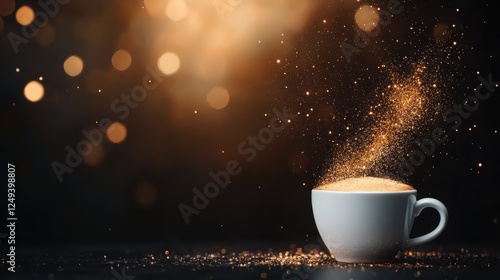 A white cup overflowing with sparkling golden dust captures a moment of magic and serenity, blending the mundane with the extraordinary in an artistic representation.