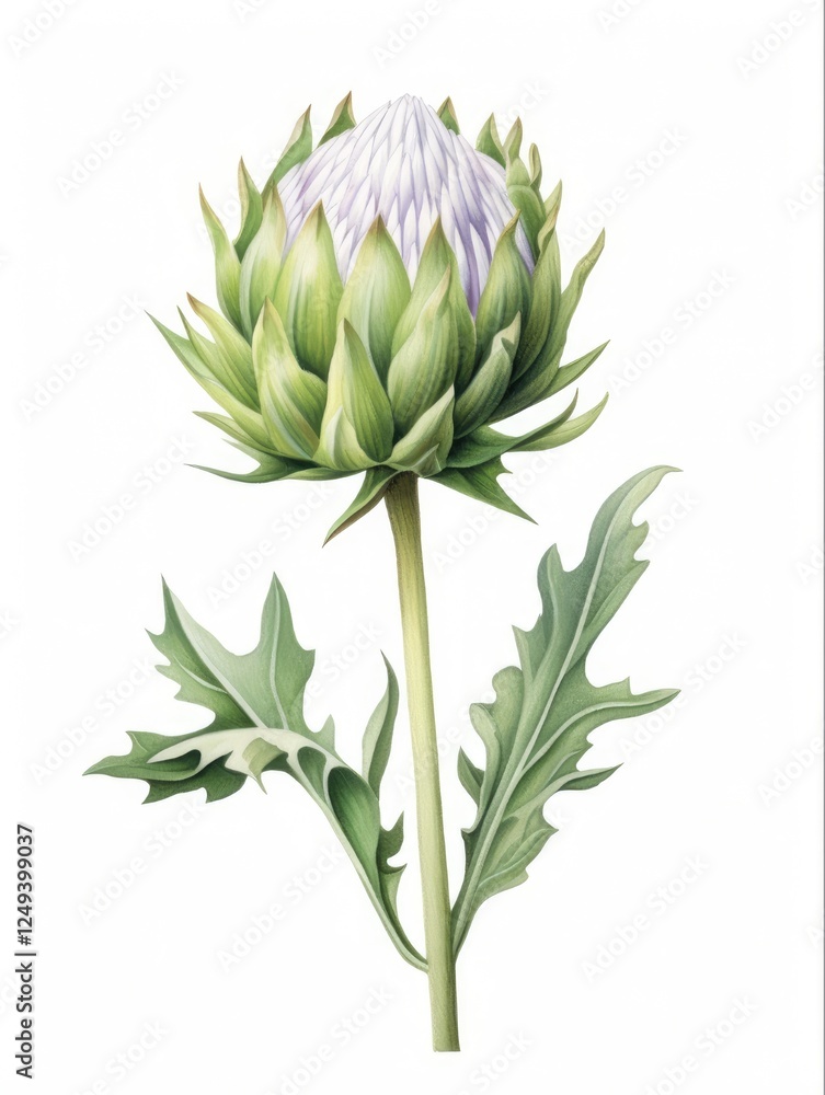 Fototapeta premium Watercolor Artichoke Flower Illustration with Bud on Stem. Fresh and Isolated Plant Vegetable on White Background