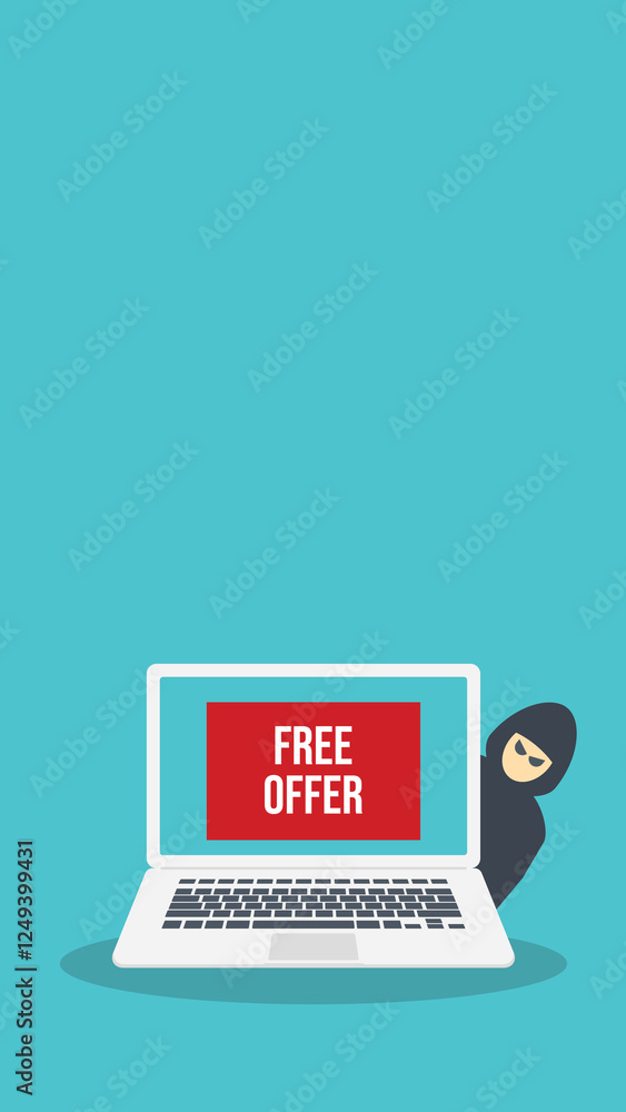 Free offer message banner on a laptop computer and a hacker. Hacking concept. Free offer message banner on a laptop computer and a hacker. Hacking concept.