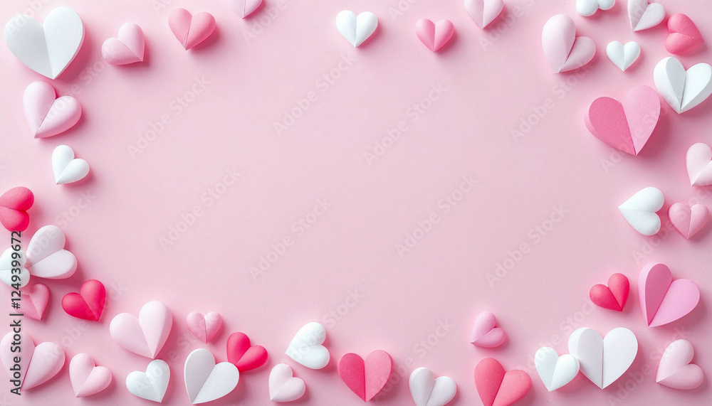 Un fondo rosa claro en blanco rodeado de varios corazones de papel en tonos de rosa y blanco, dispuestos en un borde decorativo Un fondo rosa claro en blanco rodeado de varios corazones de papel en tonos de rosa y blanco, dispuestos en un borde decorativo