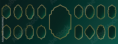 Oriental style Islamic ramadan mubarak shield and arches with modern style design, door mosque, mosque dome and lanterns. Ramadan illustration.