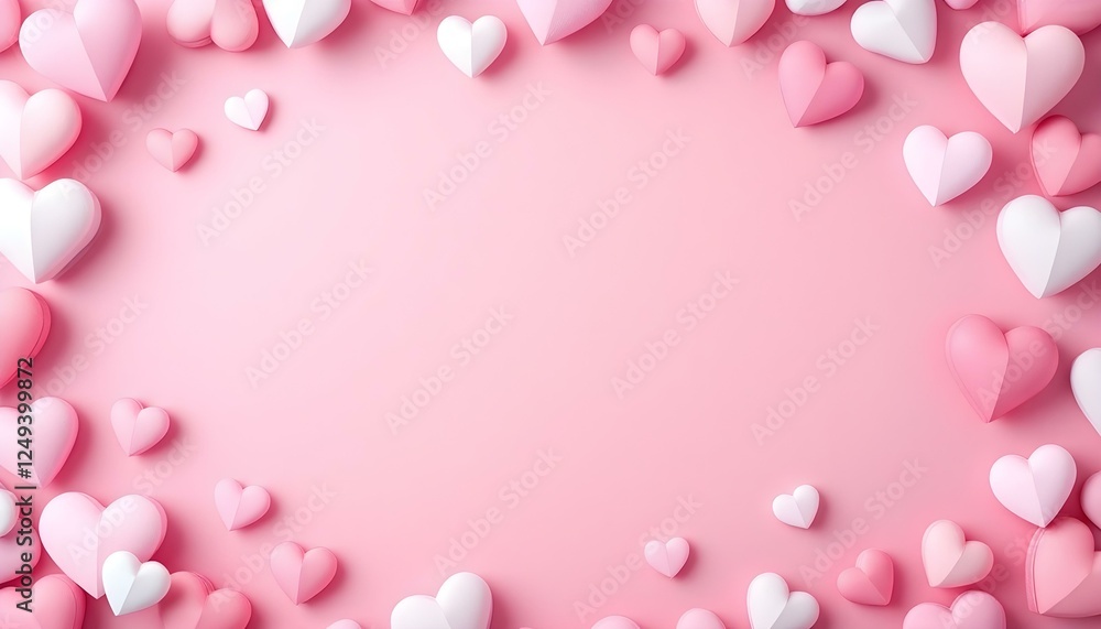 Un fondo rosa claro en blanco rodeado de varios corazones de papel en tonos de rosa y blanco, dispuestos en un borde decorativo Un fondo rosa claro en blanco rodeado de varios corazones de papel en tonos de rosa y blanco, dispuestos en un borde decorativo
