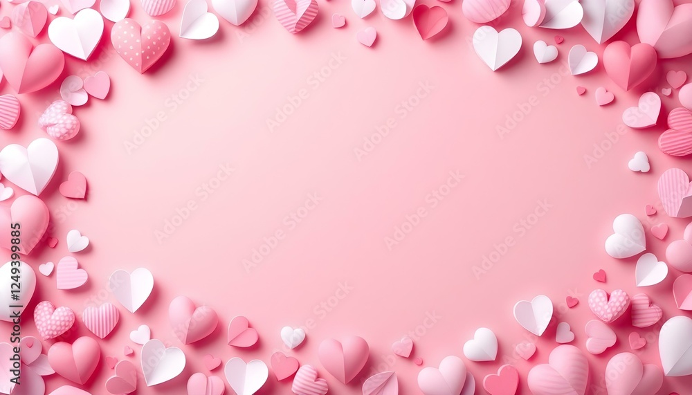 Un fondo rosa claro en blanco rodeado de varios corazones de papel en tonos de rosa y blanco, dispuestos en un borde decorativo Un fondo rosa claro en blanco rodeado de varios corazones de papel en tonos de rosa y blanco, dispuestos en un borde decorativo