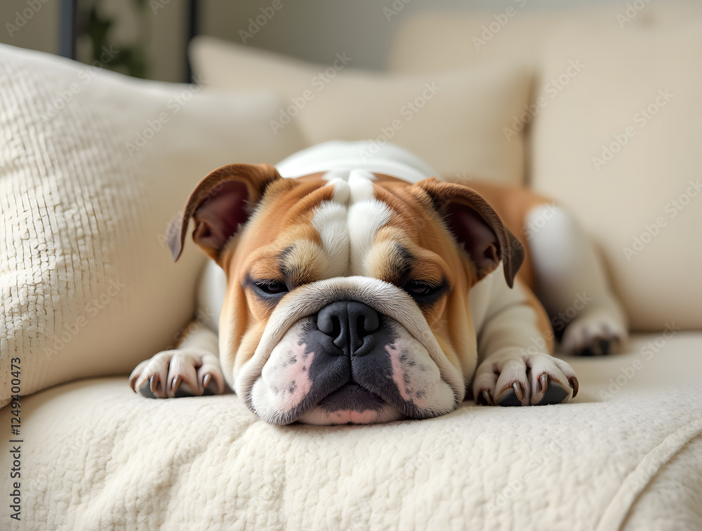 Cozy Bulldog Dreaming: An Adorable Bulldog Snuggled on a Cream Sofa with Plush Pillows, Creating a Warm and Serene Atmosphere.