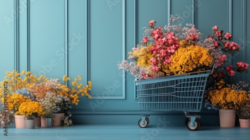 Flower arrangement in shopping cart against vibrant blue wall with decorative...