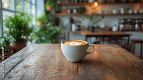 Beautiful latte art in a cozy coffee shop with natural light and greenery