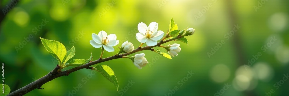 Fototapeta premium Unfurling branch with white flowers, sunlight filtering through, leafy greens, spring